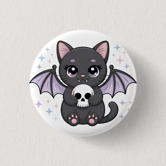 紫色のこうもりの羽を持つ黒猫がドクロを抱っこ 缶バッジ (正面)
