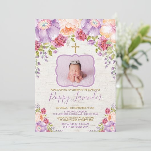 紫色のすみれ色の水彩画の花の洗礼の聖餐 招待状 (スタンド正面)