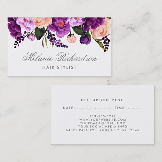 紫色のすみれ色の花の美容師のアポイントメントSilv 予約カード