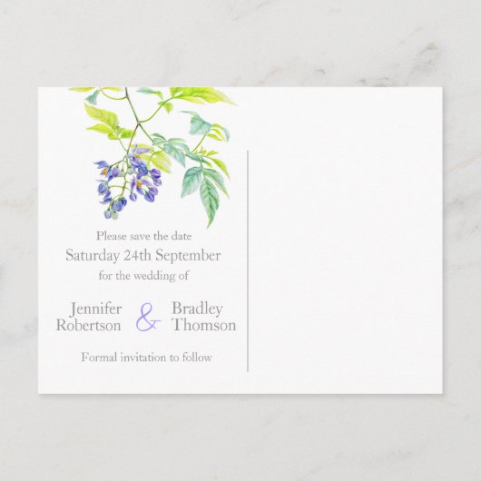 紫色のつる植物の結婚カードを保存 案内ポストカード (裏面)