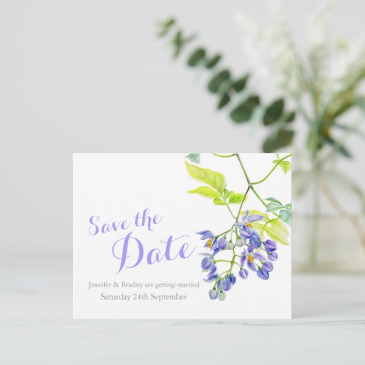 紫色のつる植物の結婚カードを保存 案内ポストカード (スタンド正面)