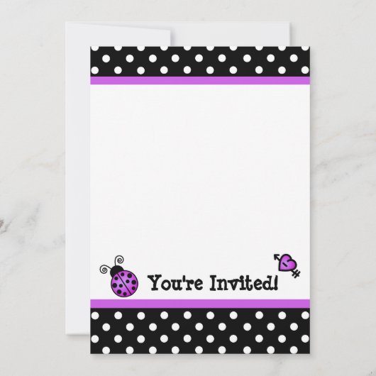 紫色のてんとう虫のベビーシャワーの白黒の水玉模様 招待状 (裏面)