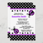 紫色のてんとう虫のベビーシャワーの白黒の水玉模様 招待状 (正面/裏面)