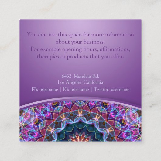 紫色のはす曼荼羅の正方形 スクエア名刺 (裏面)