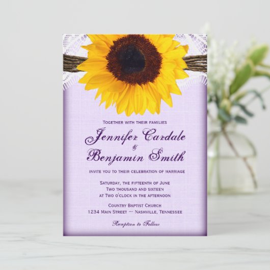紫色のひまわり素朴国の結婚式招待状 招待状 (スタンド正面)