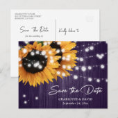 紫色のひまわり結婚式の日付はがきを保存 案内ポストカード (正面/裏面)