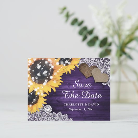 紫色のひまわり結婚式の日付を保存 案内ポストカード (スタンド正面)