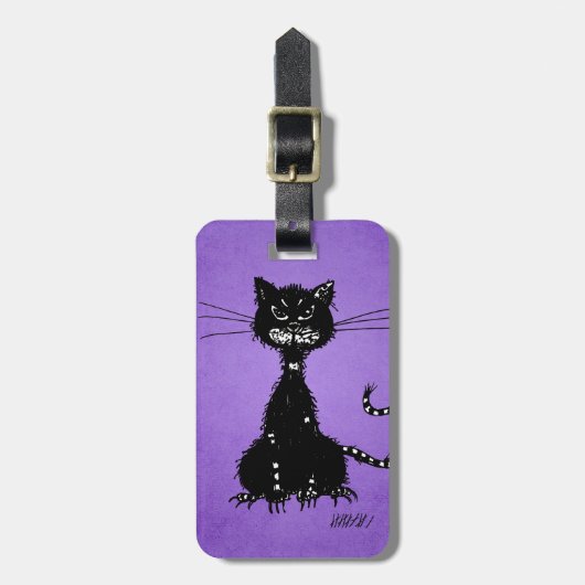 紫色のみすぼらしく邪悪な黒猫 ラゲッジタグ (正面縦)
