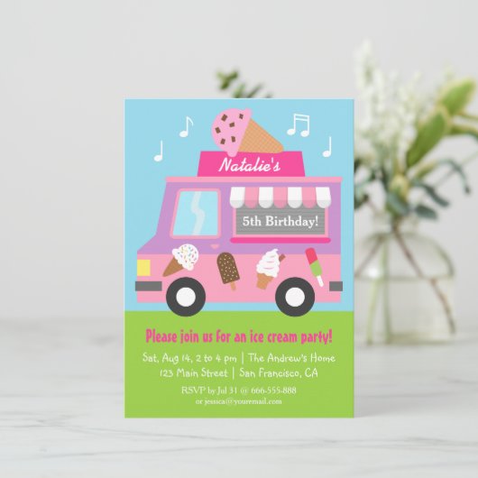 紫色のアイスクリームのトラックのバースデーパーティ招待状 招待状 (スタンド正面)