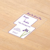 紫色のアイリスの水の結婚色 アクリル招待状 (レイダウン)