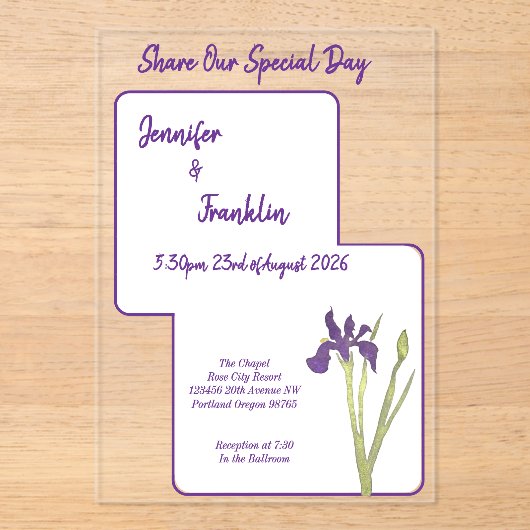 紫色のアイリスの水の結婚色 アクリル招待状 (正面)