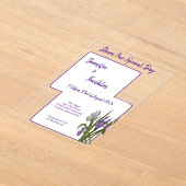 紫色のアイリスの水の結婚色 アクリル招待状 (レイダウン)