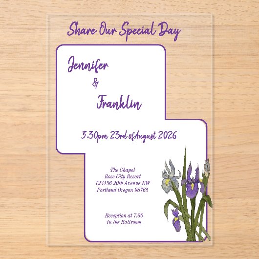 紫色のアイリスの水の結婚色 アクリル招待状 (正面)