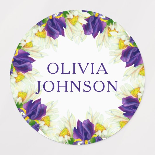 紫色のアイリスパーソナライズされたフローラ名衣類 ラベル (デザイン1)