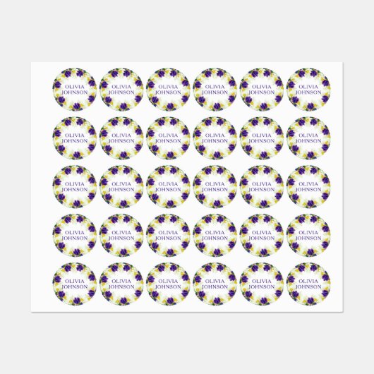 紫色のアイリスパーソナライズされたフローラ名衣類 ラベル (シート)