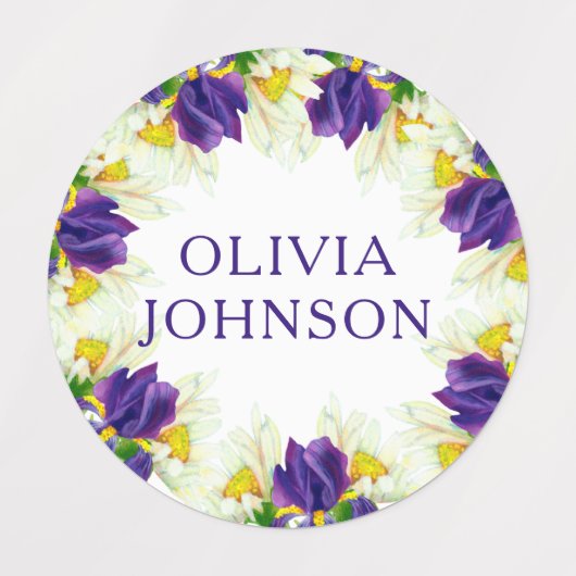 紫色のアイリスパーソナライズされたフローラ名衣類 ラベル (デザイン1)