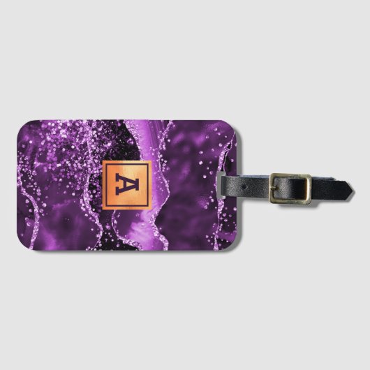 紫色のアガテピンクの大理石名金ゴールド ラゲッジタグ (正面横)