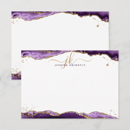 紫色のアゲテグエードスクリプトモノグラム金ゴールドグリッター ノートカード (正面/裏面)