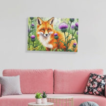 紫色のアザミの花に囲まれた狐の水彩画