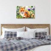 紫色のアザミの花に囲まれた狐の水彩画 キャンバスプリント (インサイチュ (寝室))