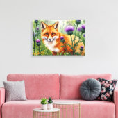 紫色のアザミの花に囲まれた狐の水彩画 キャンバスプリント (インサイチュ (リビング))