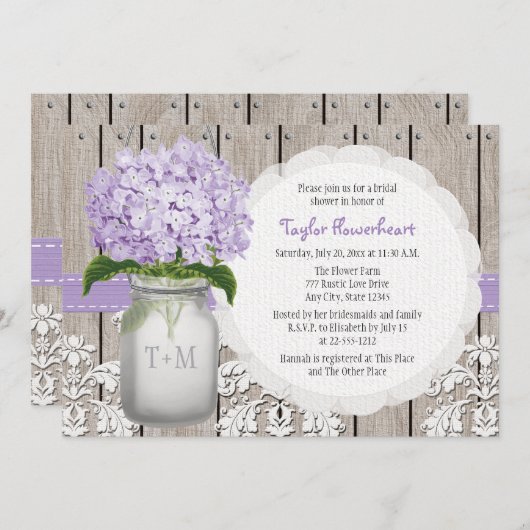 紫色のアジサイのモノグラムのメーソンジャーのブライダルシャワー 招待状 (正面/裏面)
