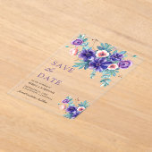 紫色のアネモンス花束結婚式の日付を保存 アクリル招待状 (レイダウン)