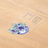 紫色のアネモーンティーカップウェディングデートを保存 アクリル招待状 (レイダウン)