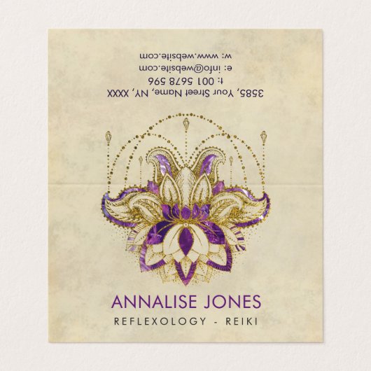 紫色のアメジストおよび金ゴールドフレームのはす 名刺 (外部フラット)