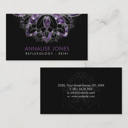 紫色のアメジストおよび銀は黒のはすを組み立てます 名刺 (正面/裏面)