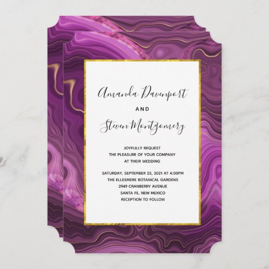 紫色のアメジストと金ゴールド抽象芸術結婚が増加する 招待状 (正面/裏面)