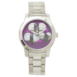 紫色のアラビア馬のハートユニセックス、シルバーウォッチ、 腕時計