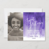 紫色のアートsweet sixteen写真の日付を保存 マグネット招待状 (正面)