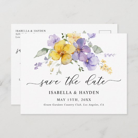 紫色のイエローラベンダー薄紫フローラ保存日付 案内ポストカード (正面/裏面)