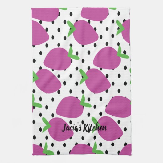 紫色のイチゴ黒い種子フルーツパターン キッチンタオル (縦)