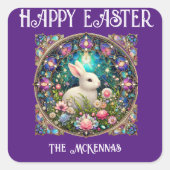 紫色のイースターバニーアールヌーボーステンドグラス スクエアシール (正面)