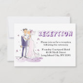 紫色のウェディングレセプションカートゥーン花嫁&花婿 招待状 (正面)