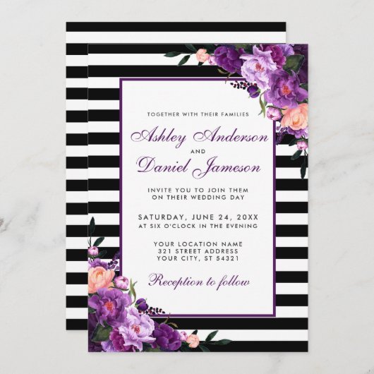 紫色のウルトラバイオレットフローラ結婚式招待状PSS 招待状 (正面/裏面)