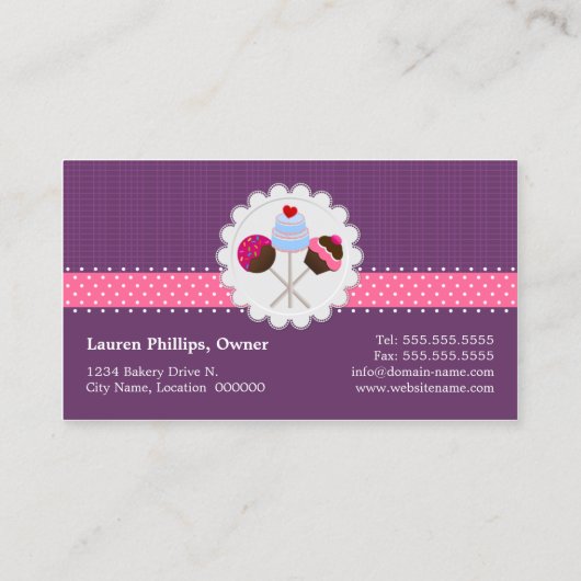 紫色のエレガントなケーキのポップ 名刺 (裏面)