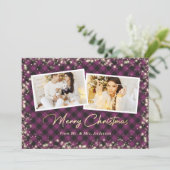 紫色のエレガント格子模様の新婚の写真クリスマス シーズンカード (スタンド正面)