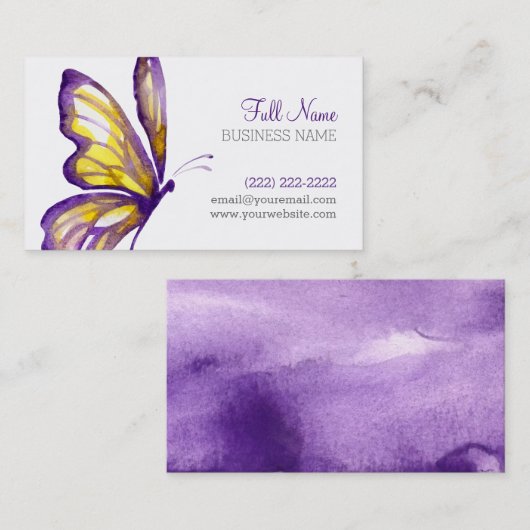 紫色のエレガント金ゴールドの水彩蝶をスクリプト化 名刺 (正面/裏面)