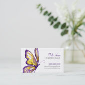 紫色のエレガント金ゴールドの水彩蝶をスクリプト化 名刺 (スタンド正面)