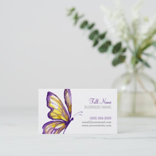 紫色のエレガント金ゴールドの水彩蝶をスクリプト化 名刺 (スタンド正面)