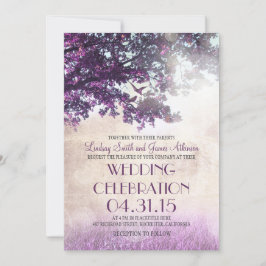 紫色のオカシの木と愛の鳥の結婚式の招待 招待状
