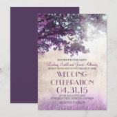 紫色のオカシの木と愛の鳥の結婚式の招待 招待状 (正面/裏面)