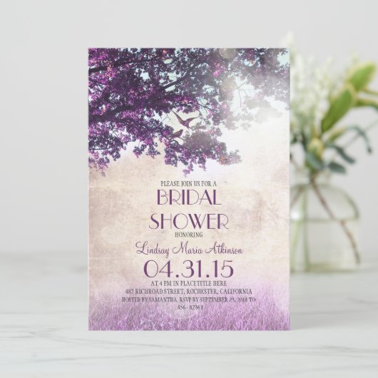 紫色のオカシの木と愛の鳥ブライダルシャワー 招待状 (スタンド正面)