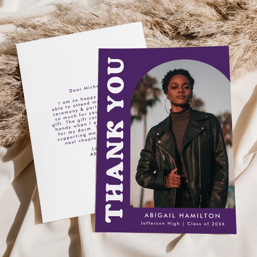 紫色のオフセットアーチ写真卒業 サンキューカード