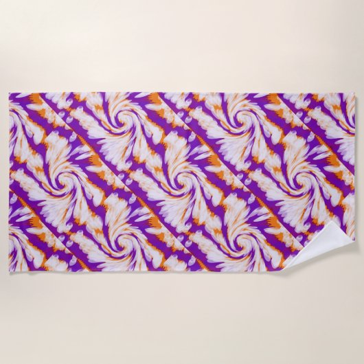 紫色のオレンジ絞り染めの渦巻 ビーチタオル (正面)