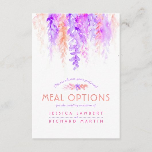 紫色のオレンジ色のつる植物花の食事オプションカード エンクロージャーカード (正面)