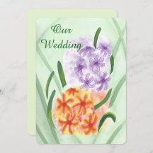 紫色のオレンジ色のヒヤシンスの花の結婚式の招待